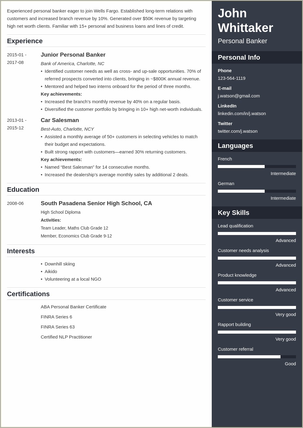 Skills For A Personal Banker Resume