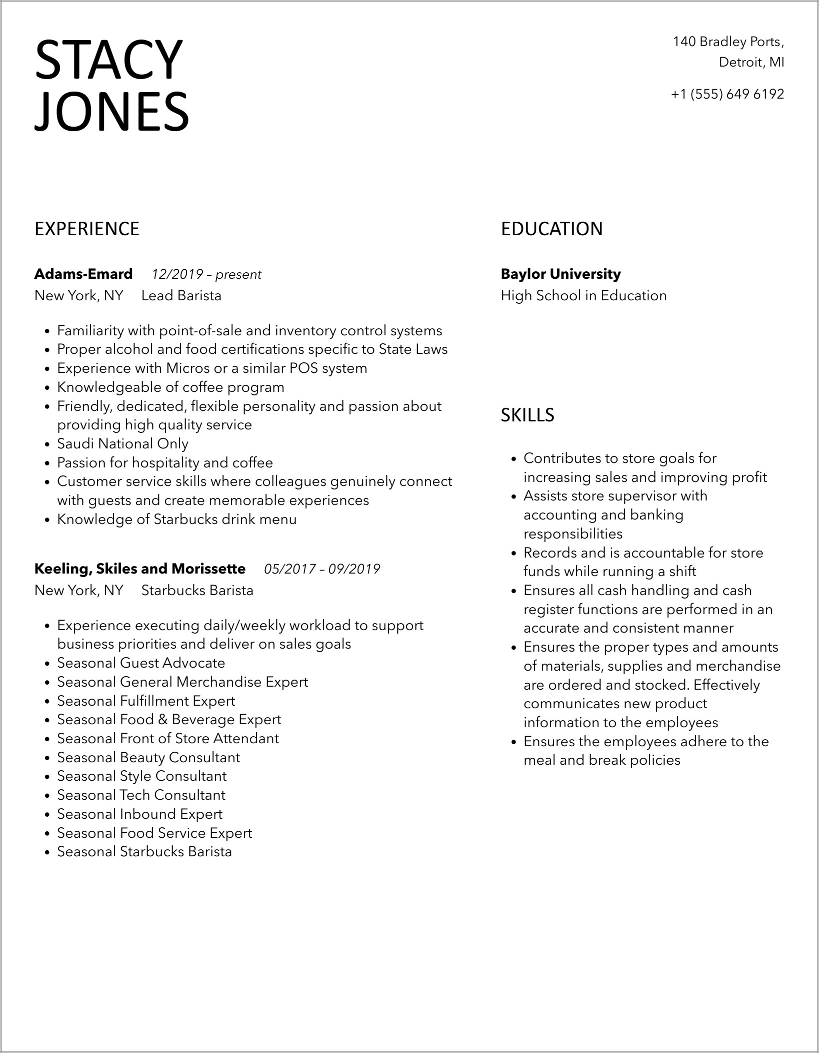 Skills For A Resume From Starbucks