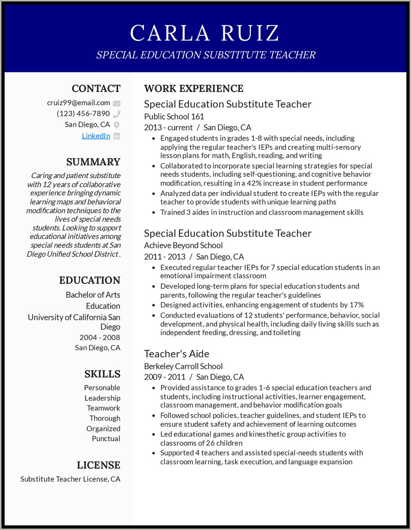 Skills For A Substitute Teacher Resume