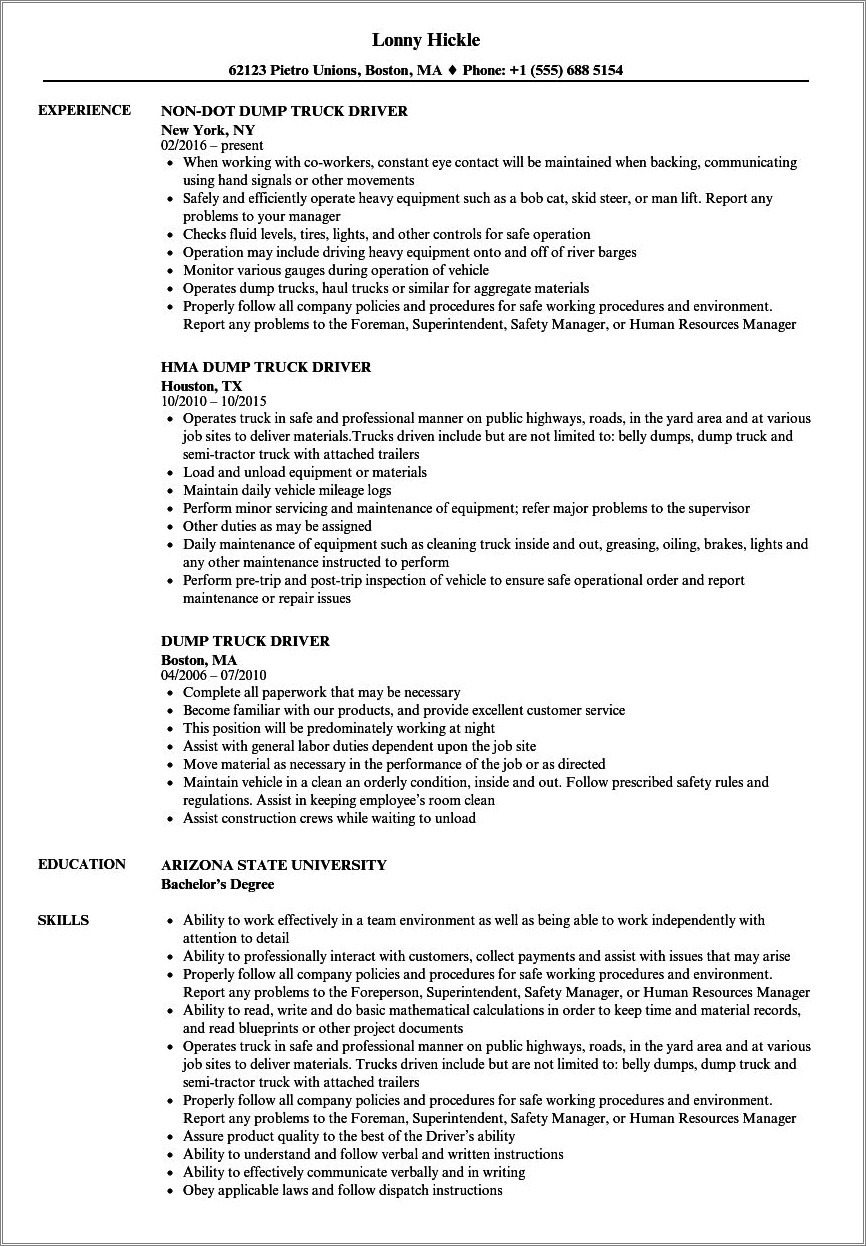 Skills For A Truck Driver On A Resume