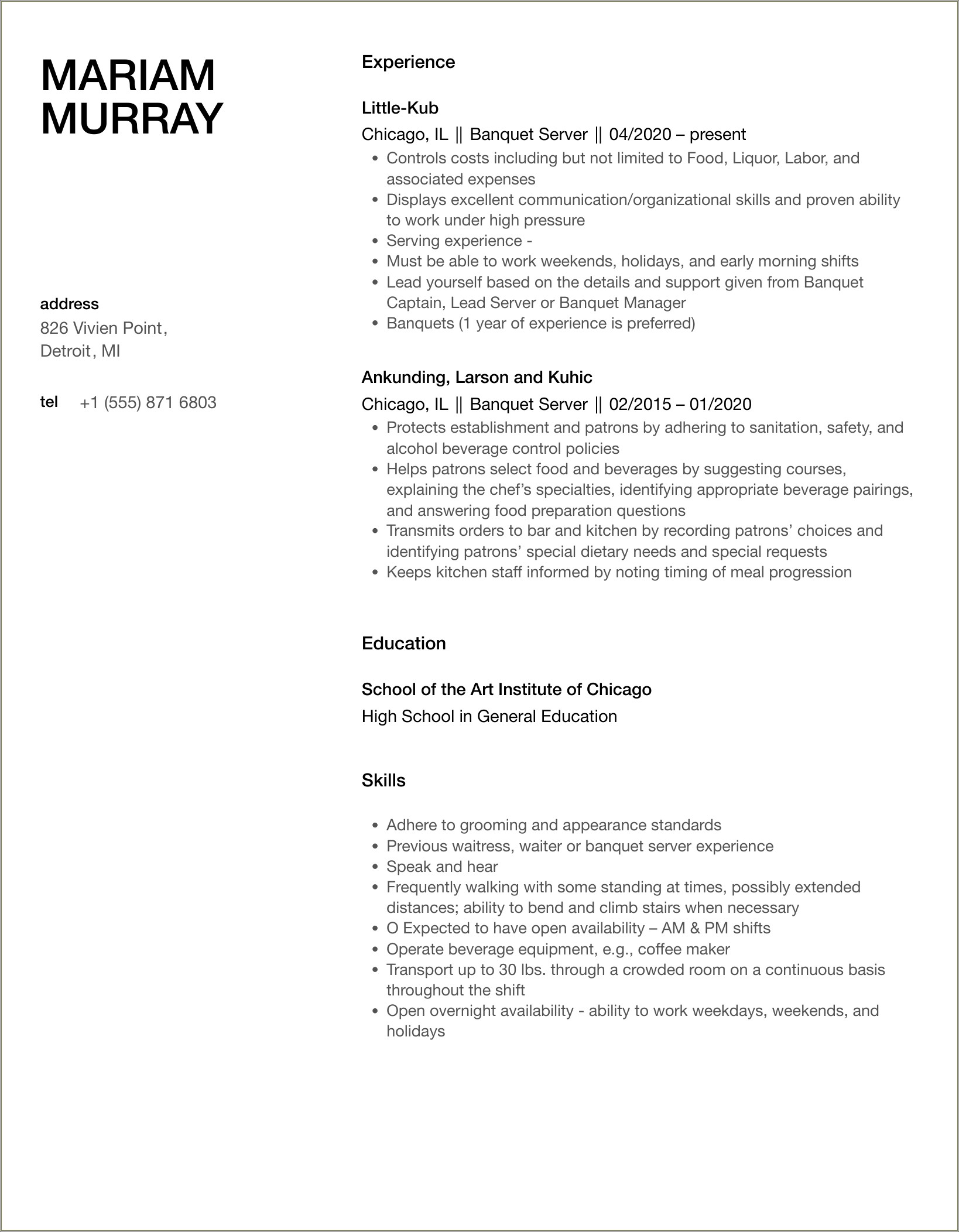 Skills For Banquet Server For Resume