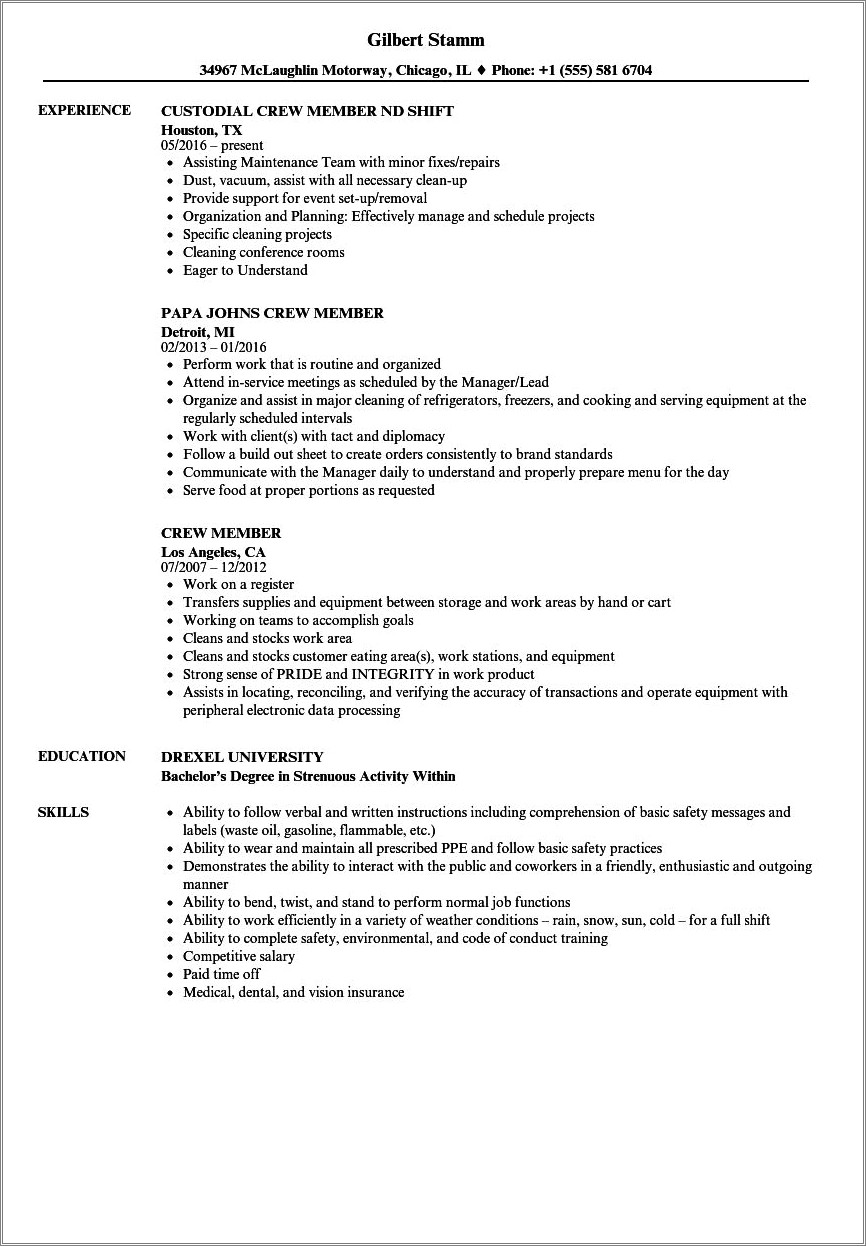 Skills For Crew Member Resume Trader Joe's