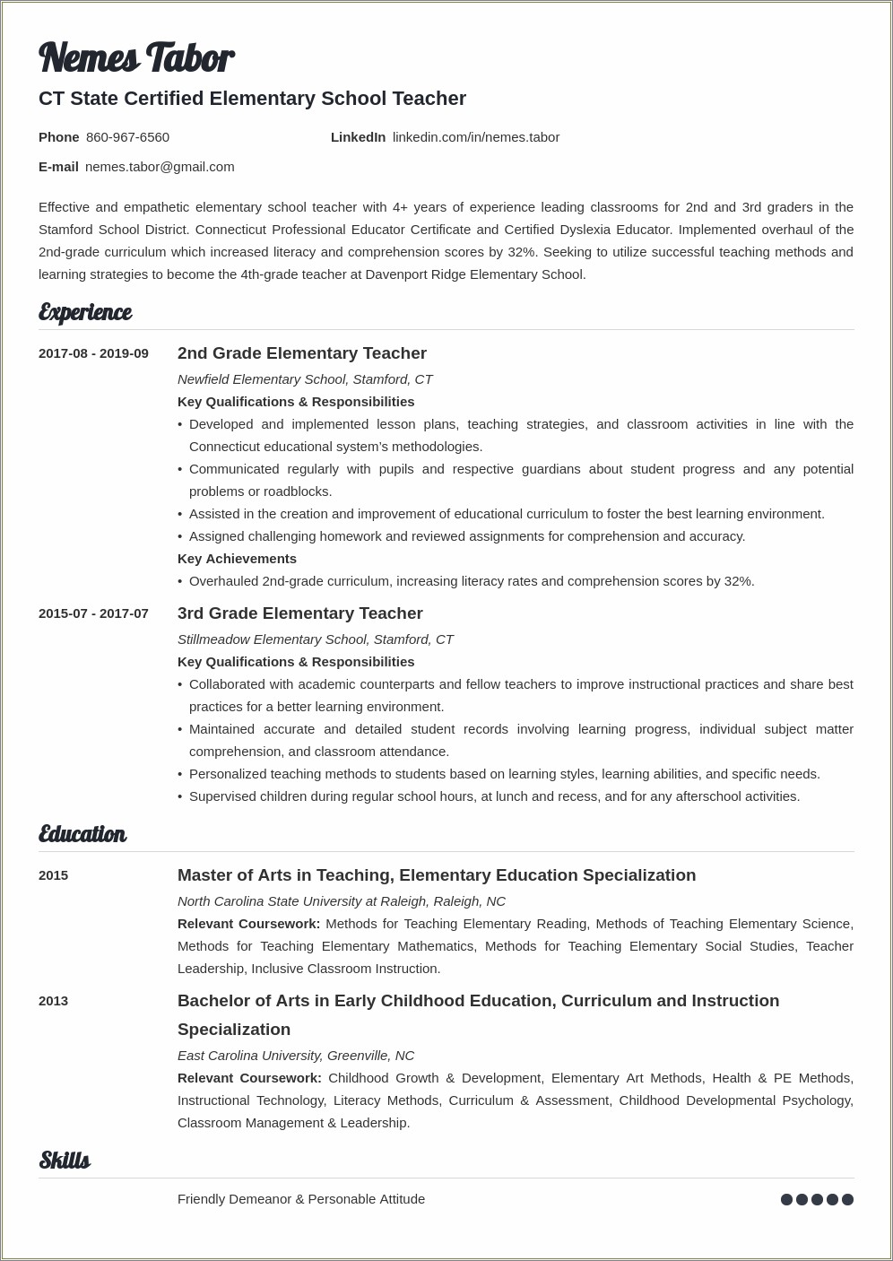 Skills For Elementary School Teacher Resume