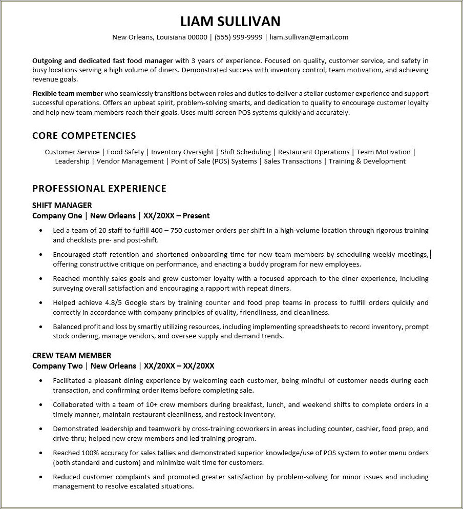 Skills For Fast Food Job Resume