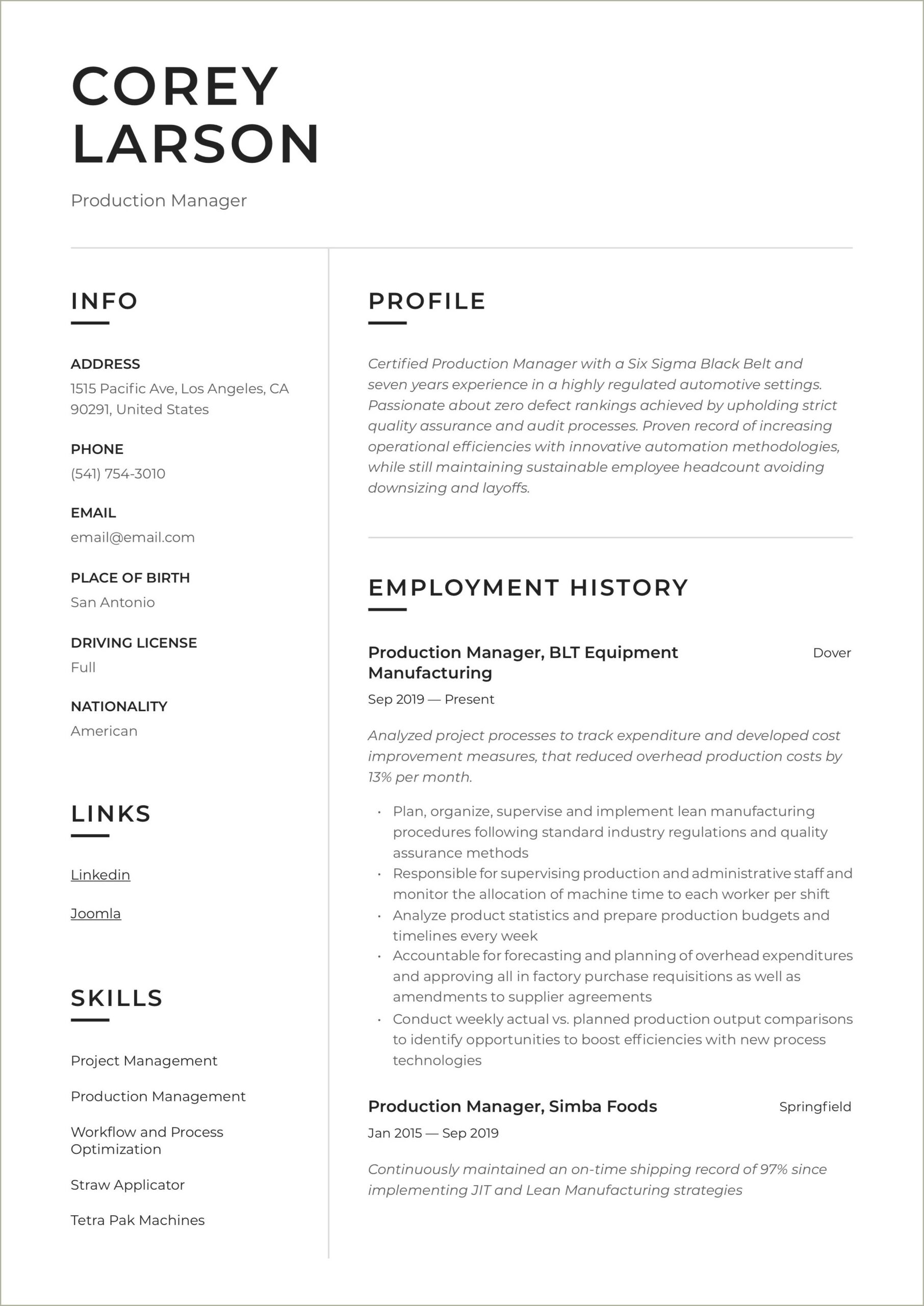 Skills For Lean Manufacturing On Resume