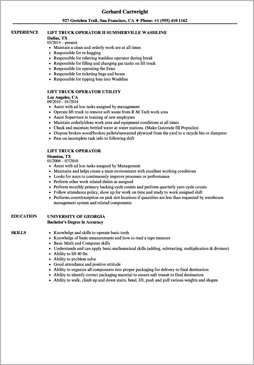 Skills For Reach Truck Operator Resume