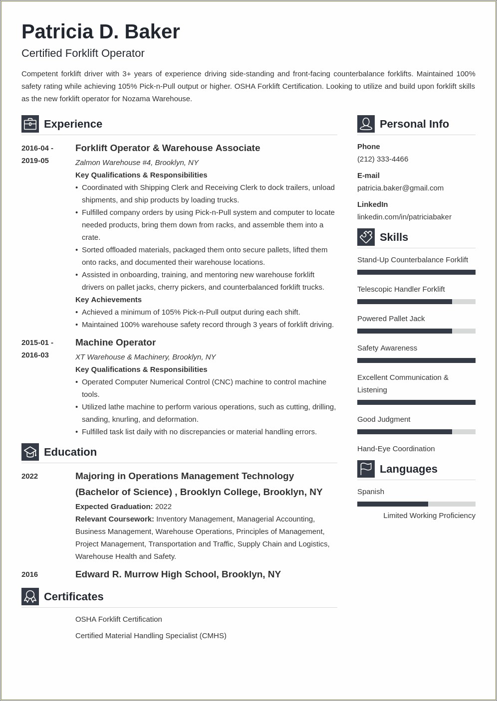 Skills For Resume As A Forklift Operator