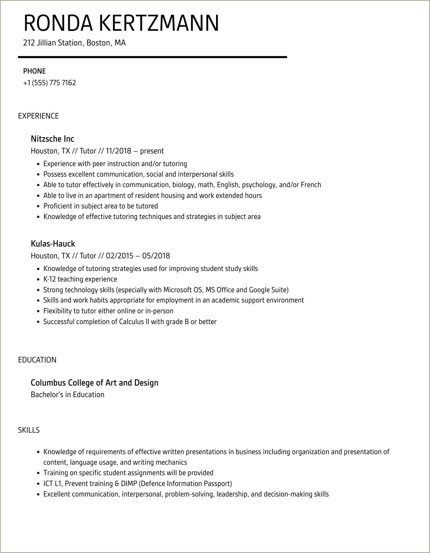 Skills For Resume Based On Tutoruing