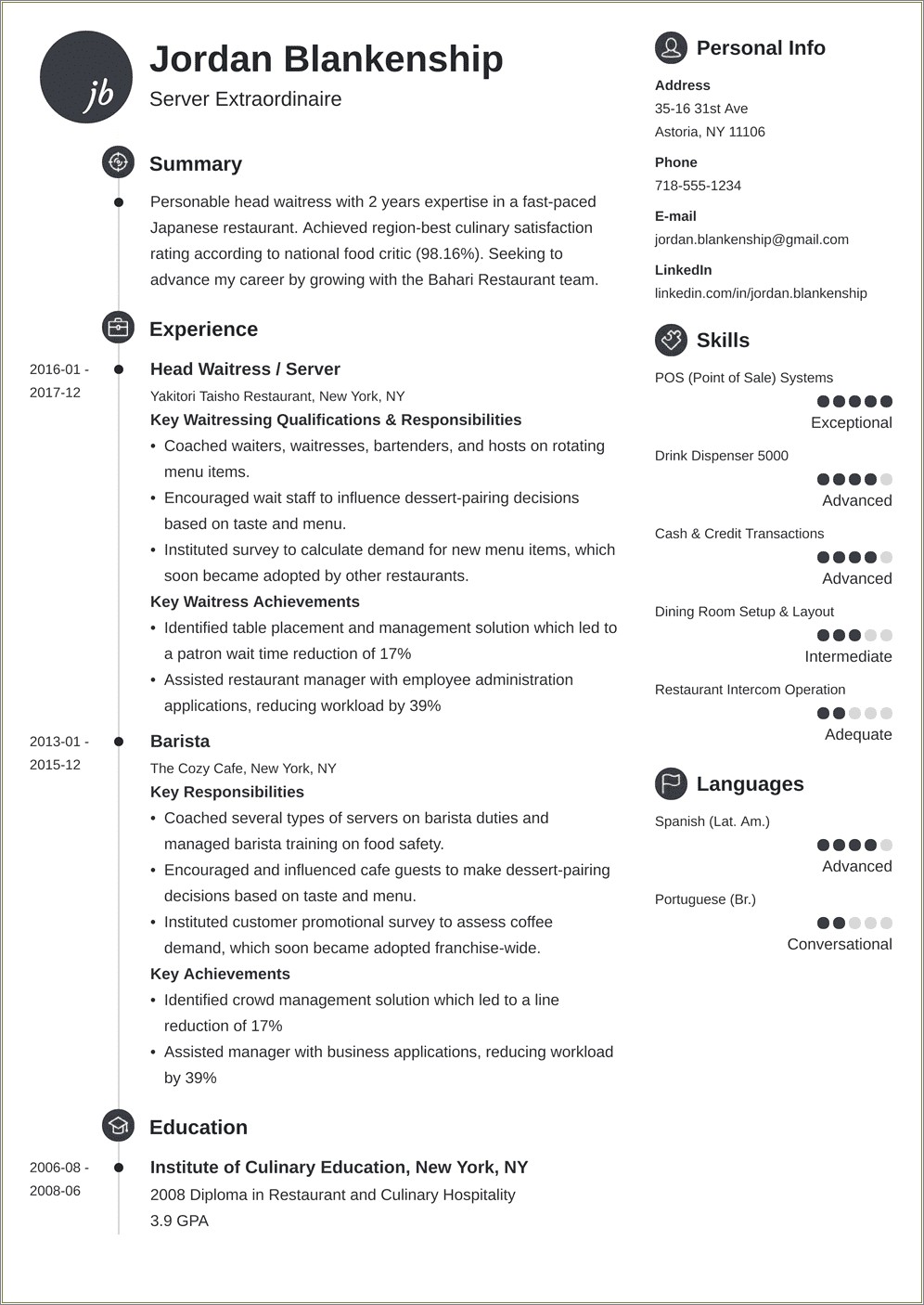 Skills For Resume Examples For Food Service