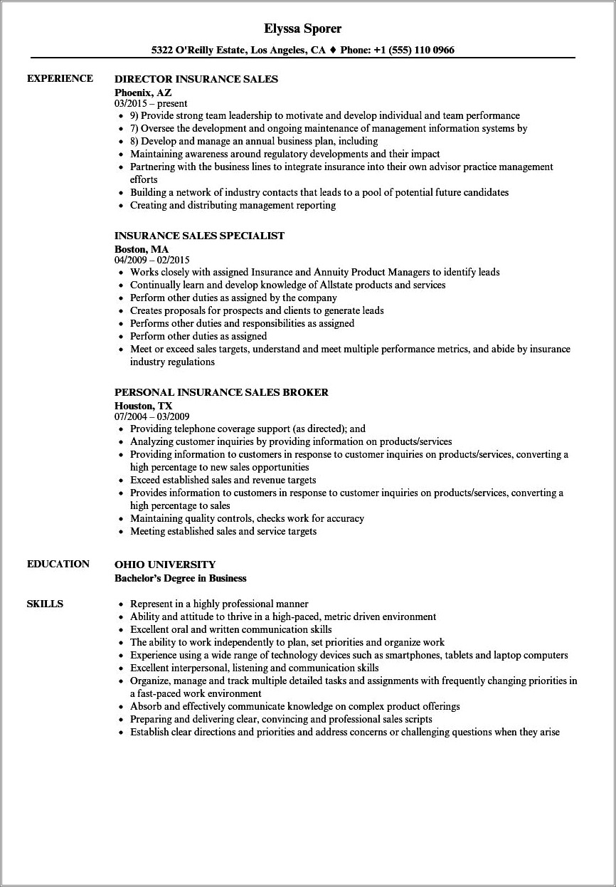 Skills For Resume For Insurance Agent