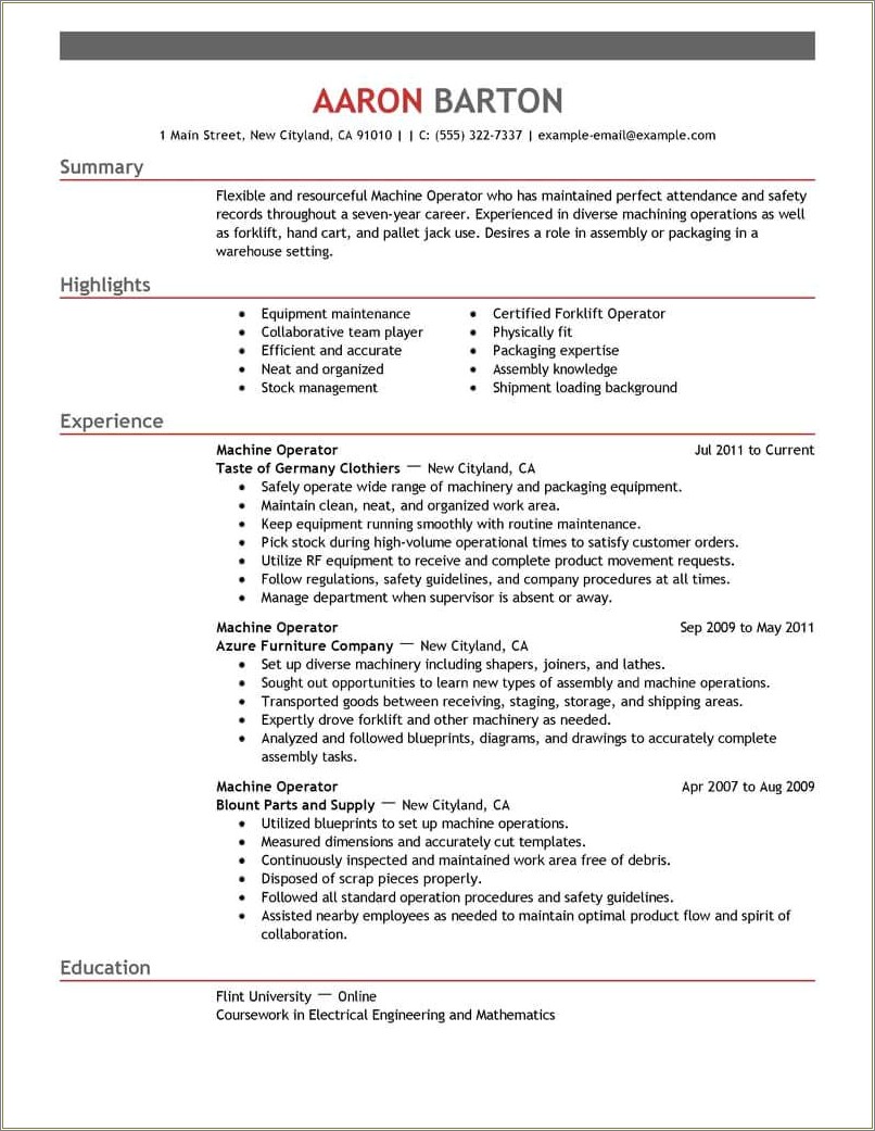 Skills For Resume For Machine Operator