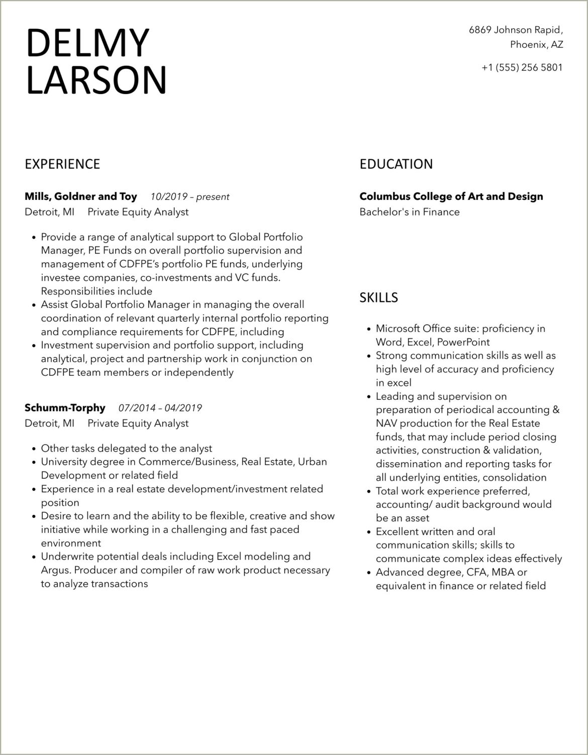 Skills For Resume For Private Equity Job