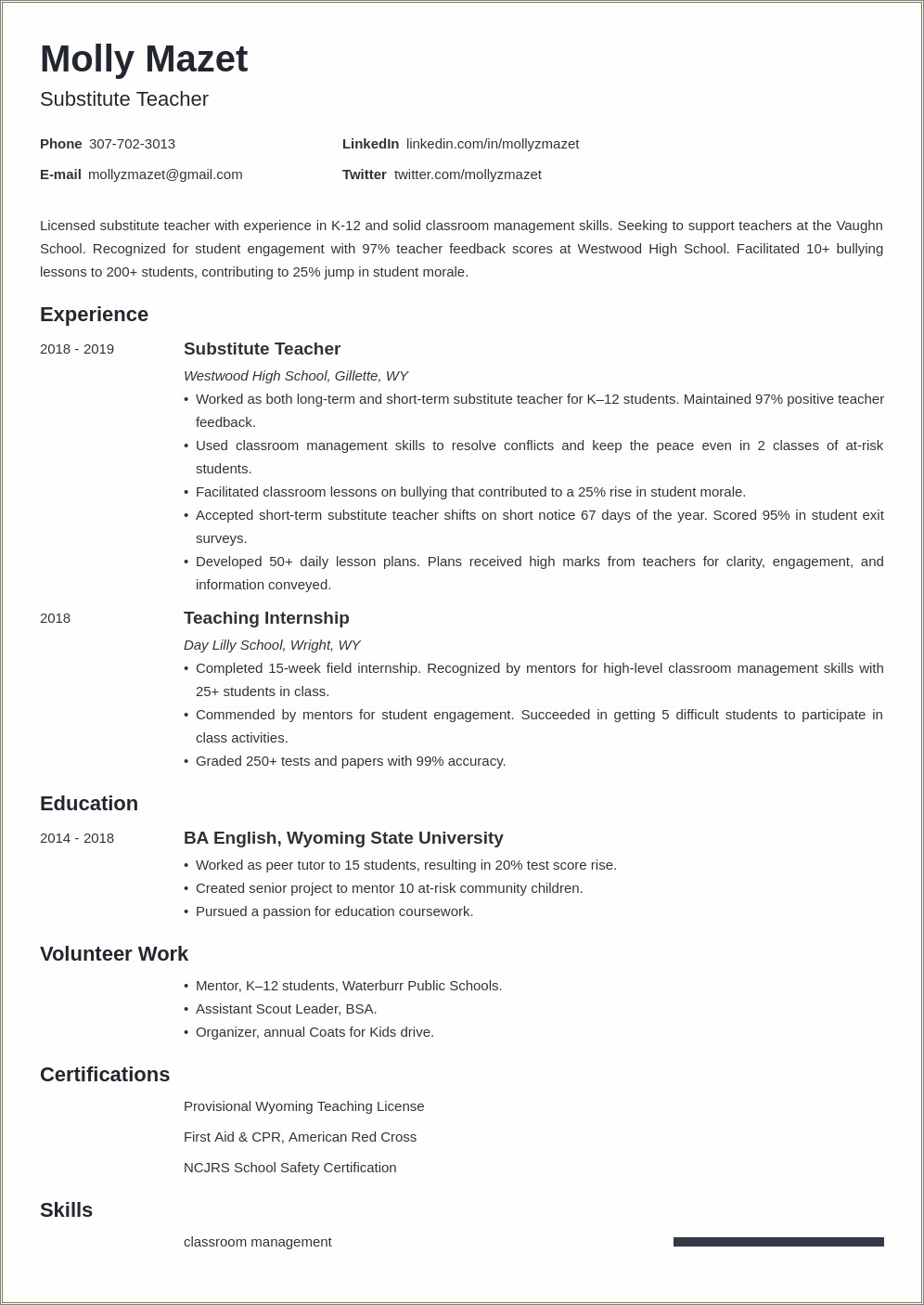 Skills For Resume For Substitute Teacher