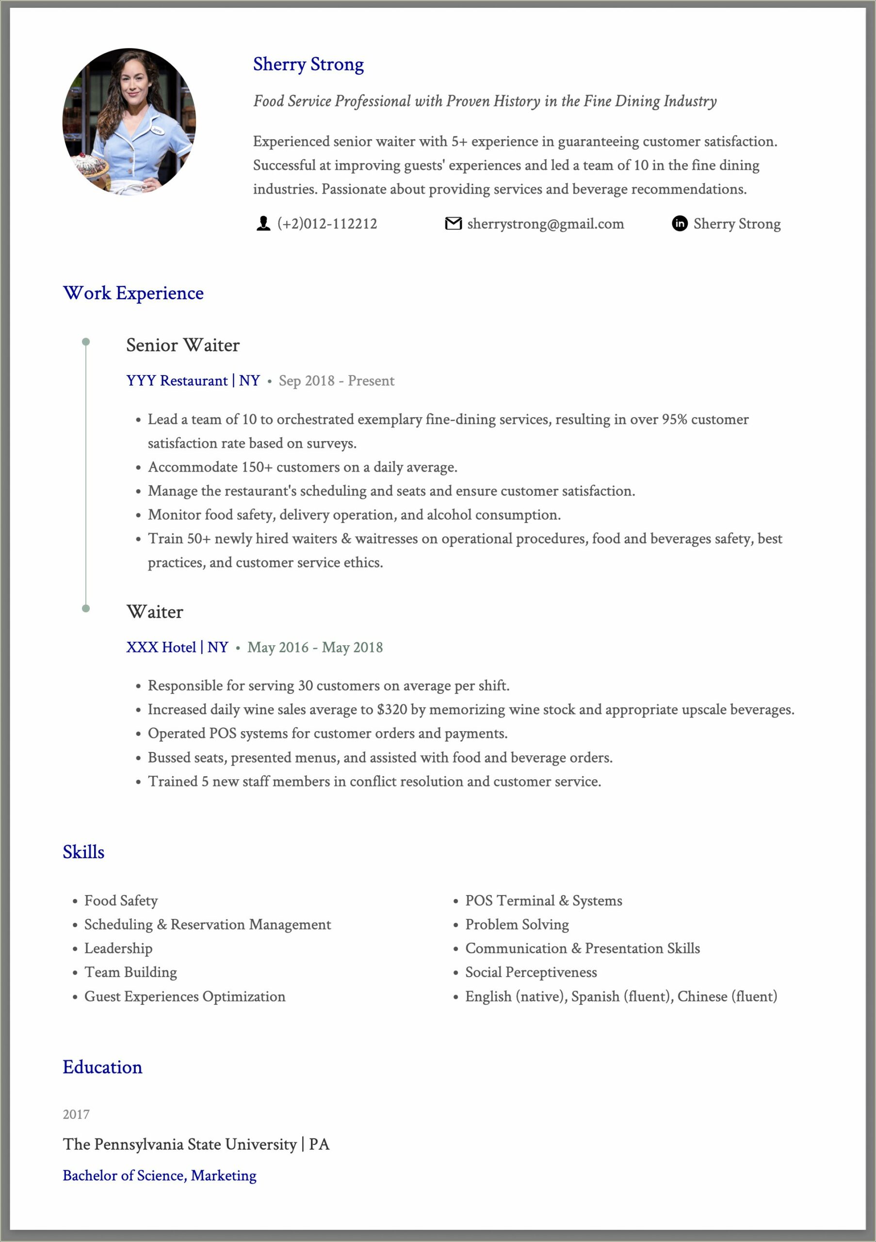 Skills For Resume Job Description For Waiter