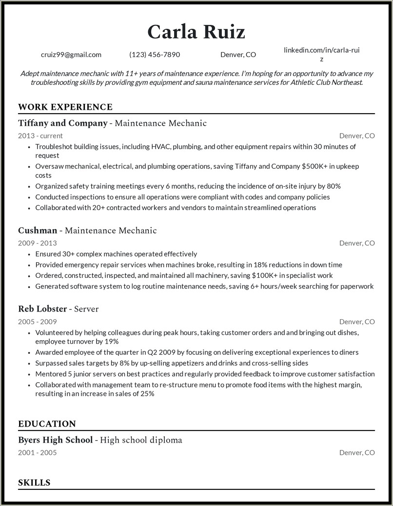 Skills For Resume Of Machine Technician