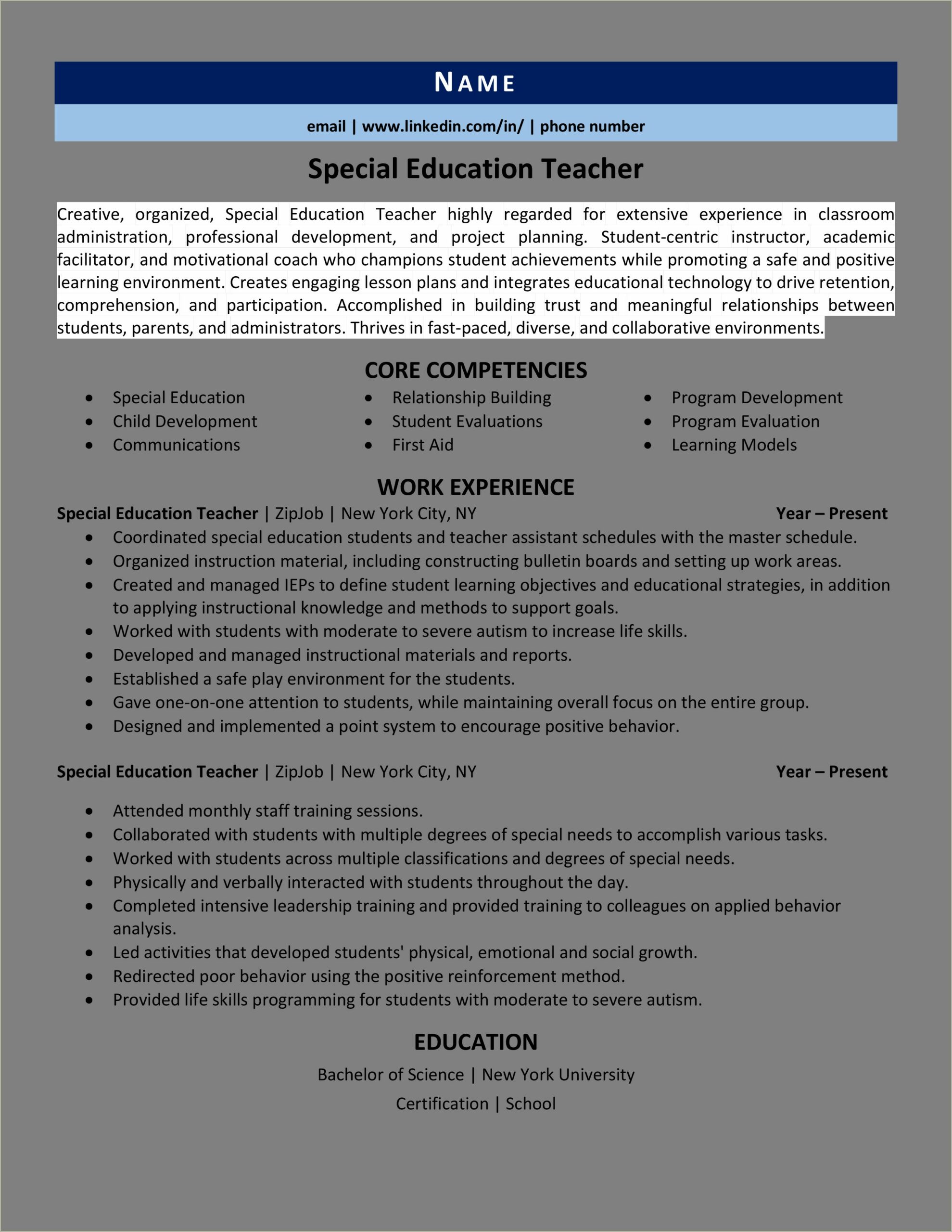 Skills For Special Education Teacher Resume