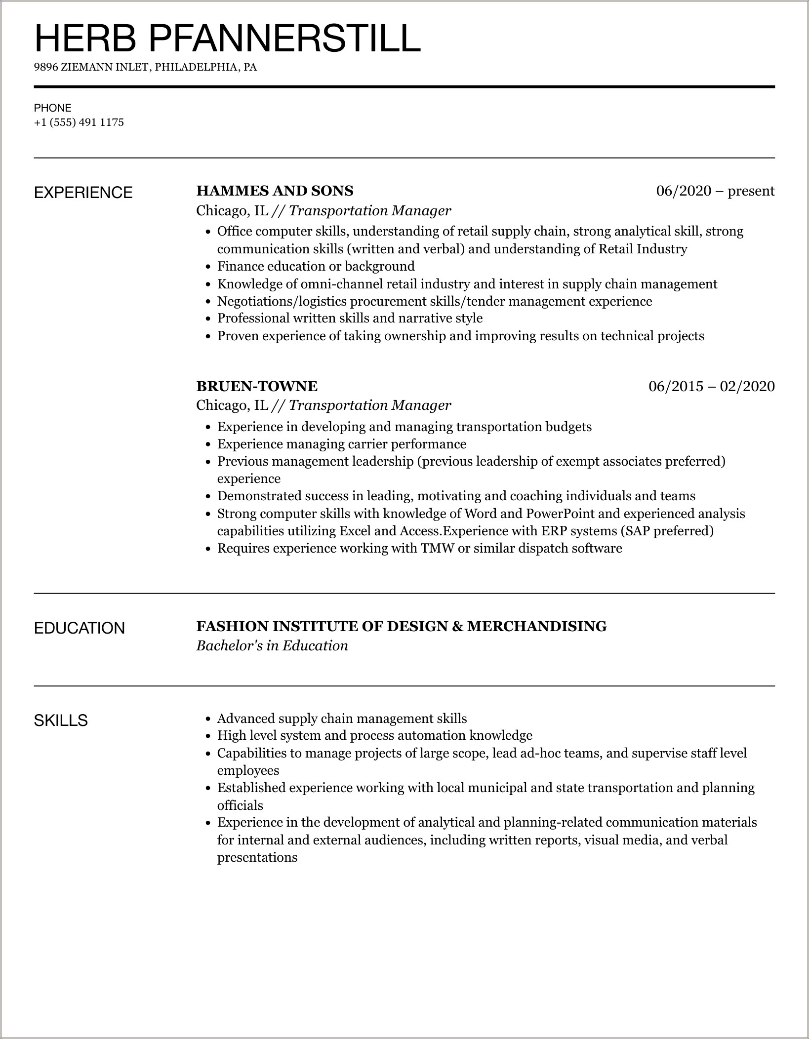 Skills For Transportation Manager For Resume