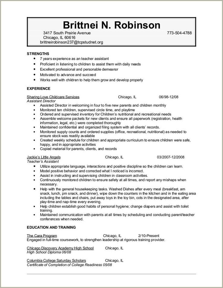 Skills For Working With Children Resume