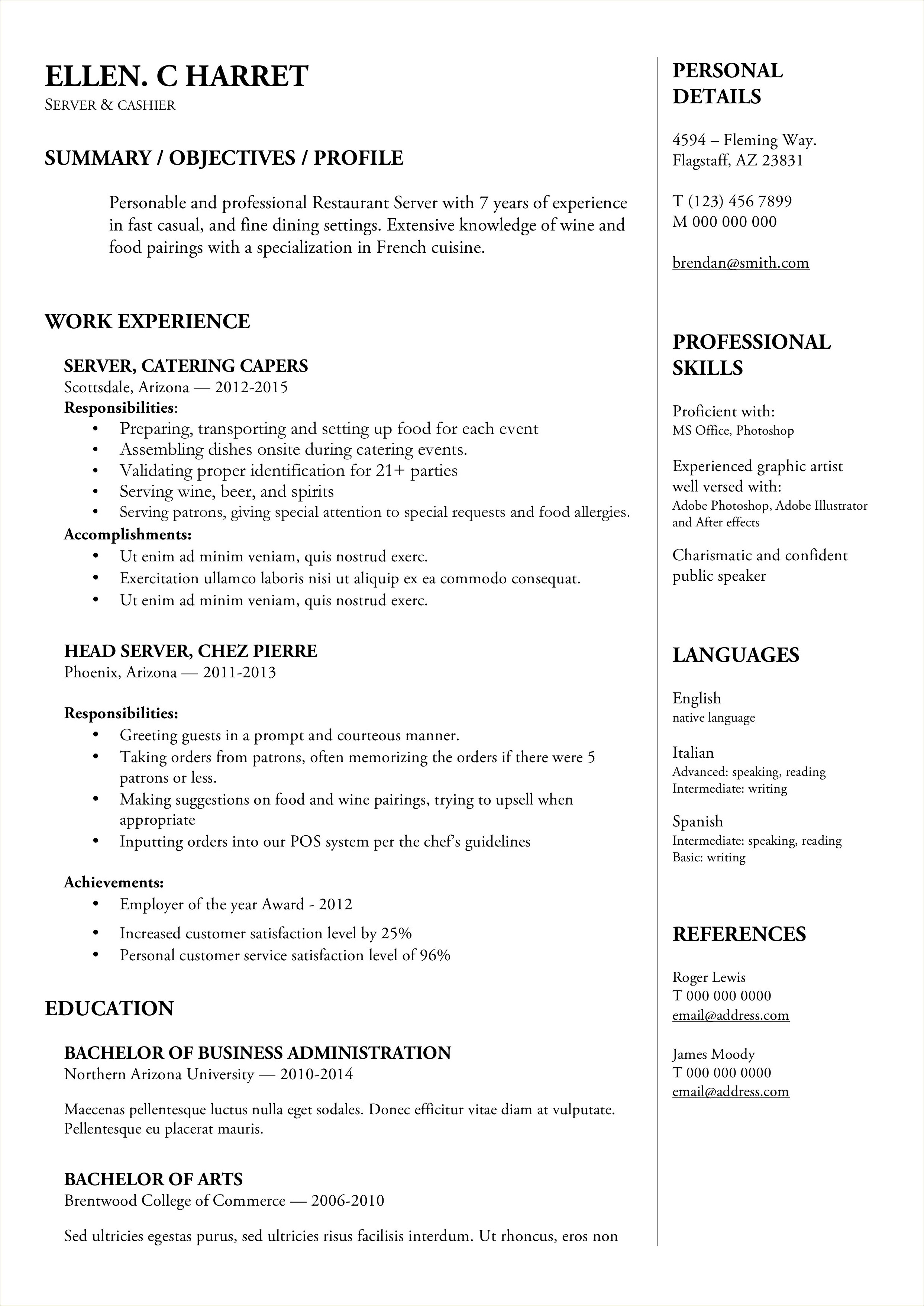 Skills From Being A Server Resume