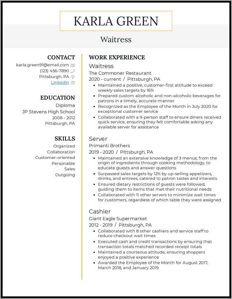 Skills From Waitressing For A Resume