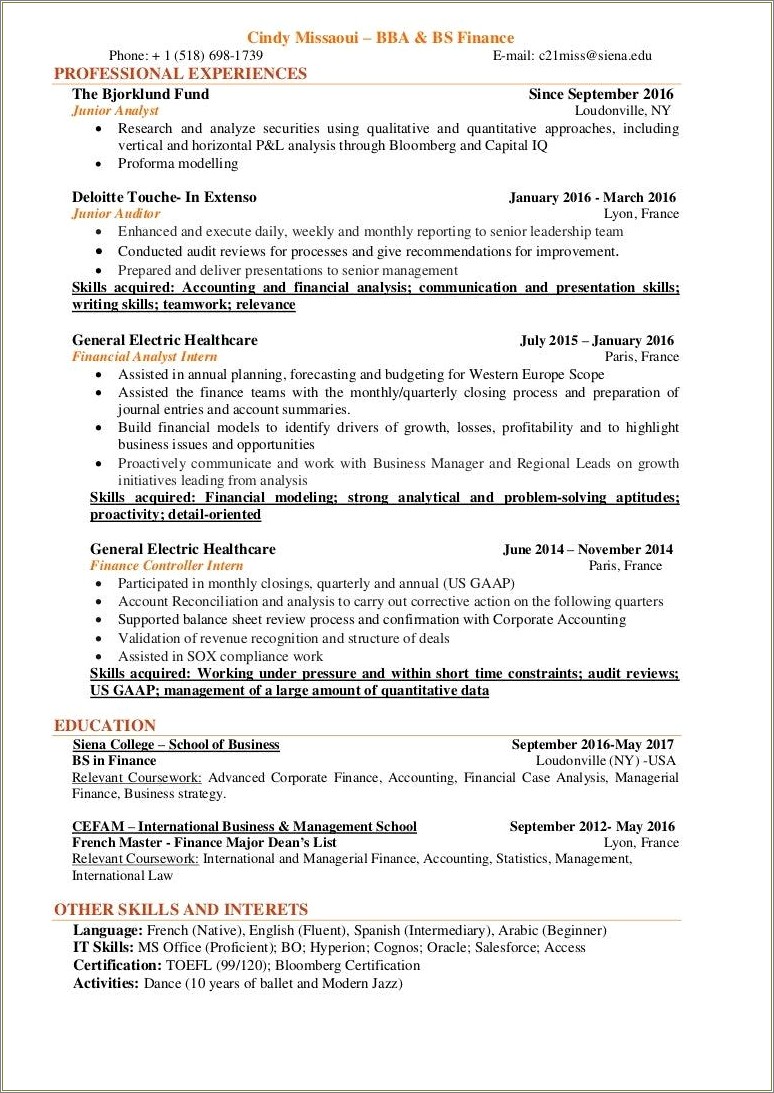 Skills Gained Through Relevant Coursework Resume