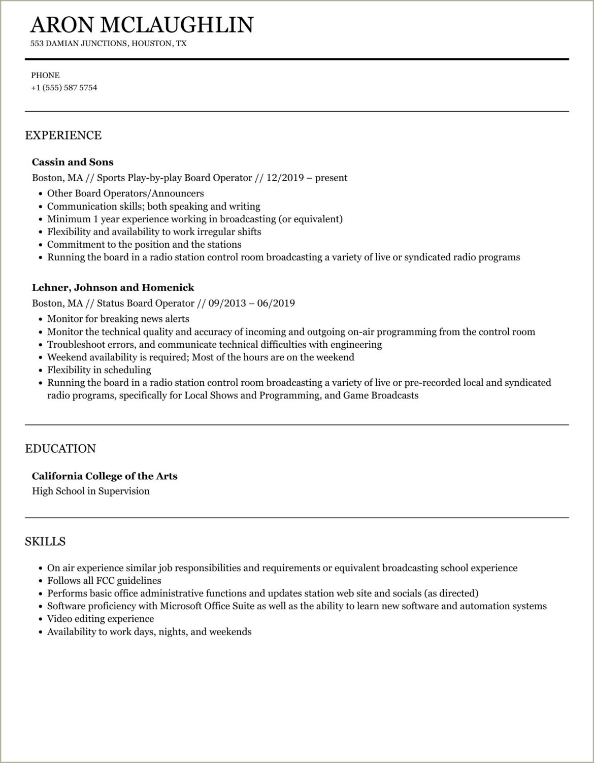 Skills In A Resume For Board Operator