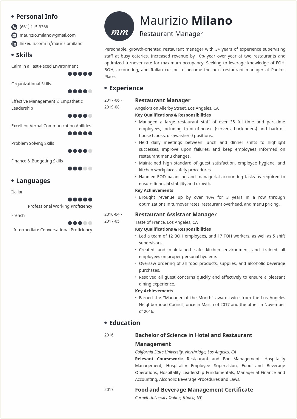 Skills In Restaurant Mangement For Resume