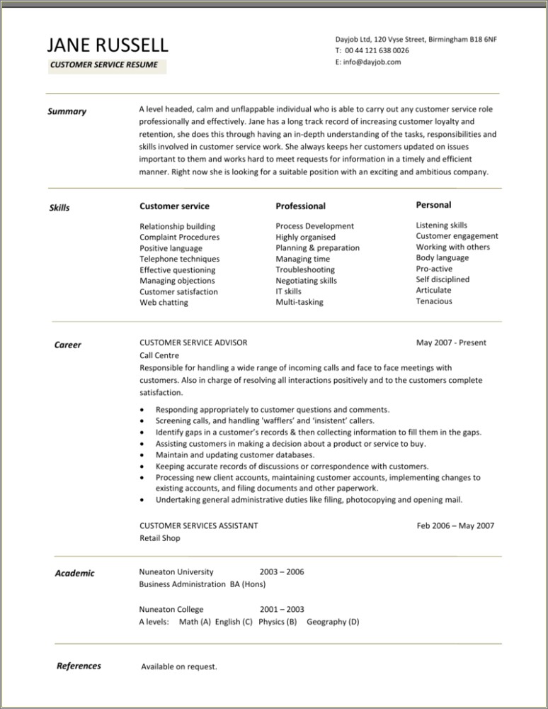 Skills In Resume Examples For Customer Service