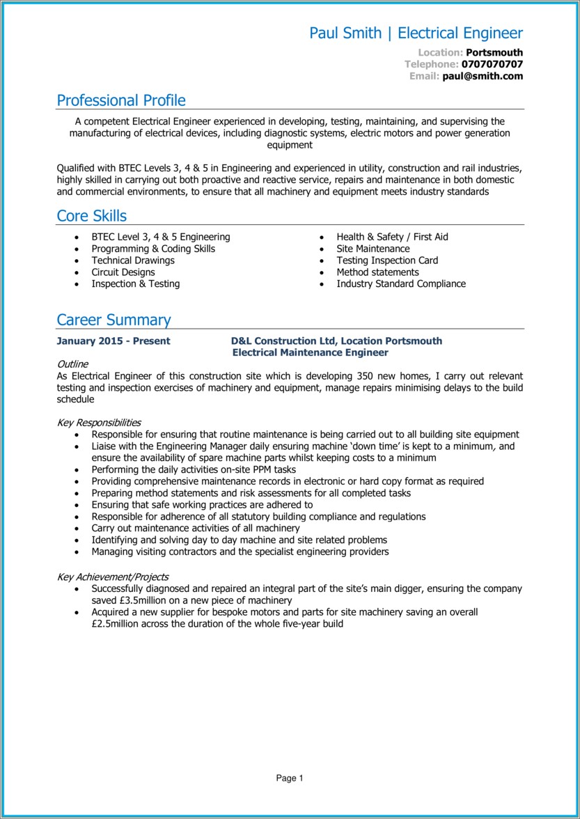 Skills In Resume For Electrical Engineer