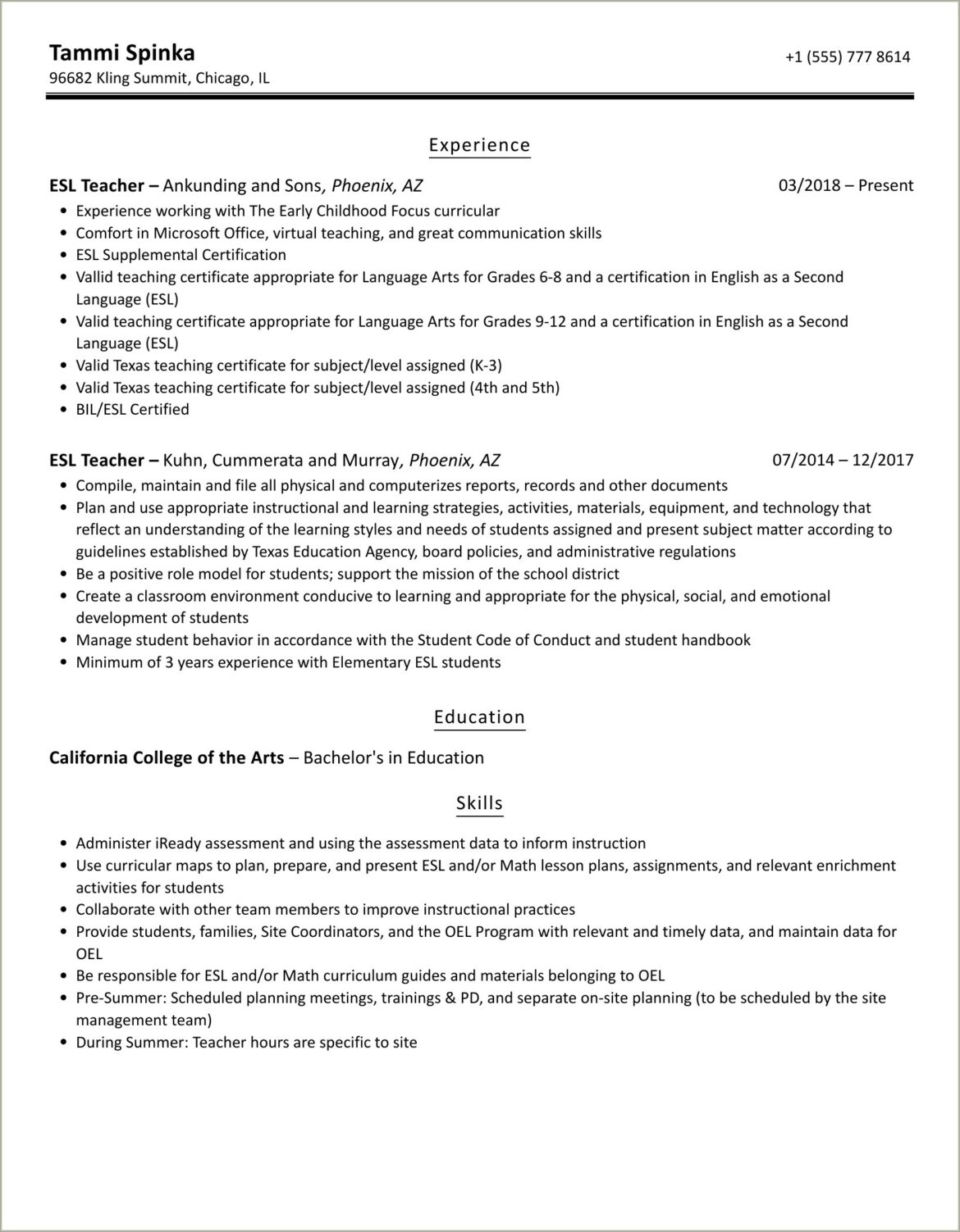 Skills In Resume For Esl Teacher