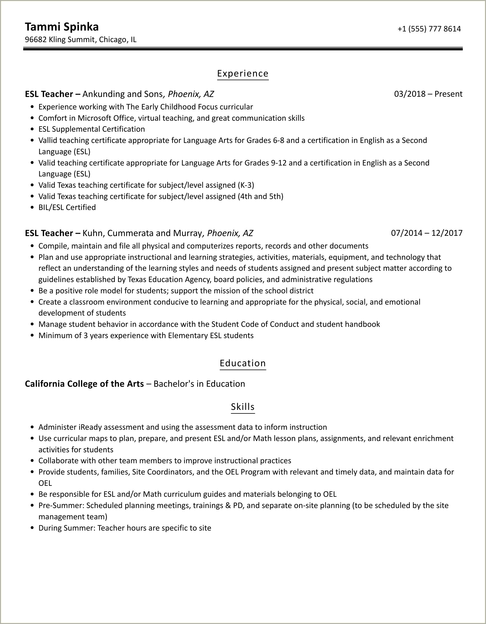 Skills In Resume For Esl Teacher