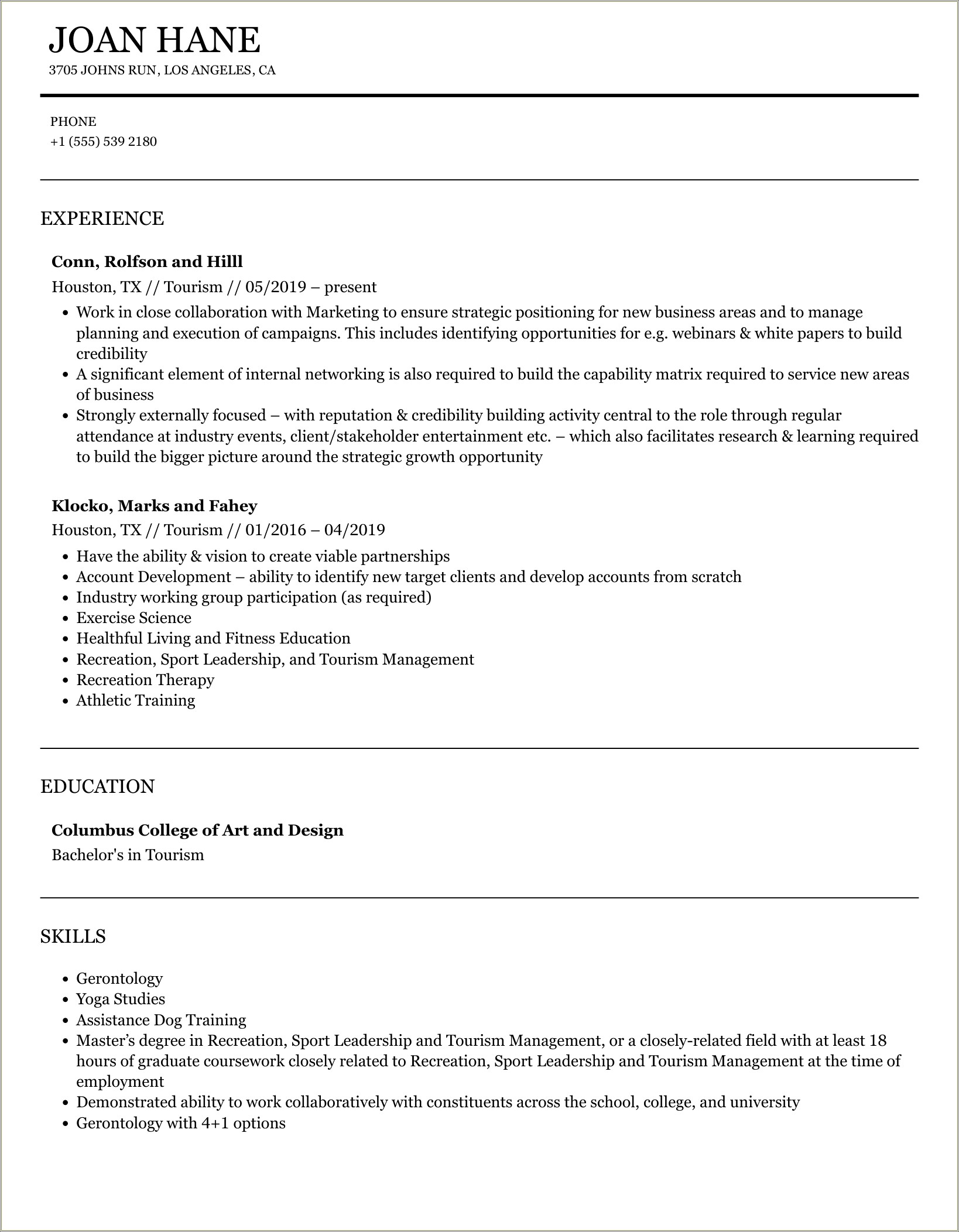 Skills In Resume For Tourism Graduates