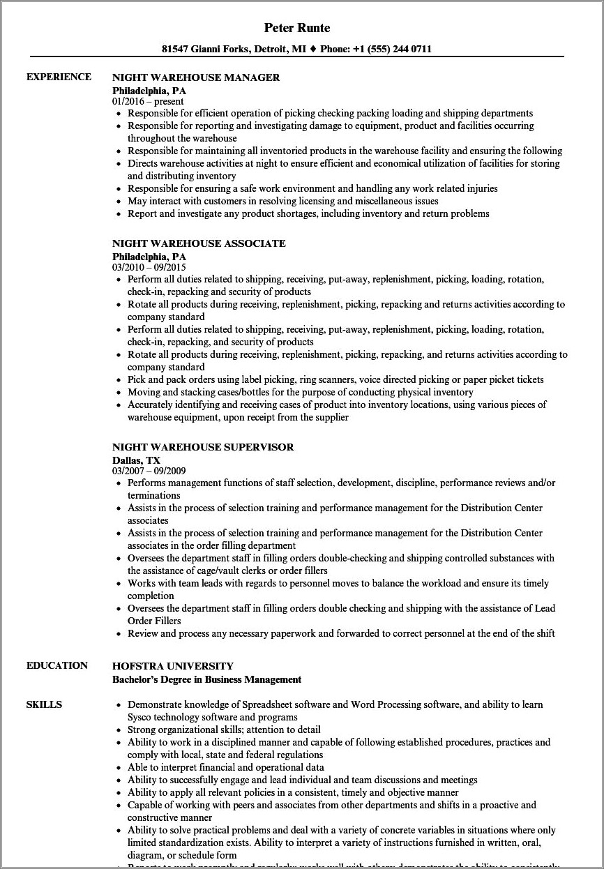 Skills In Resume For Working In Night Stock