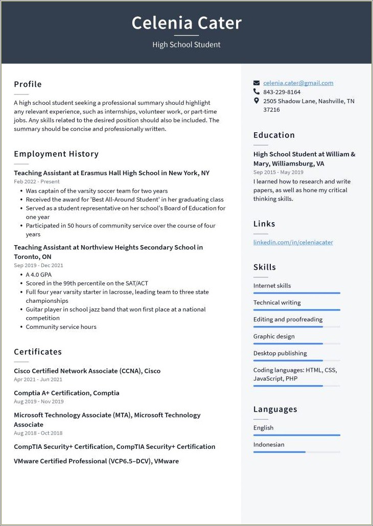 Skills Learned In High School For Resume