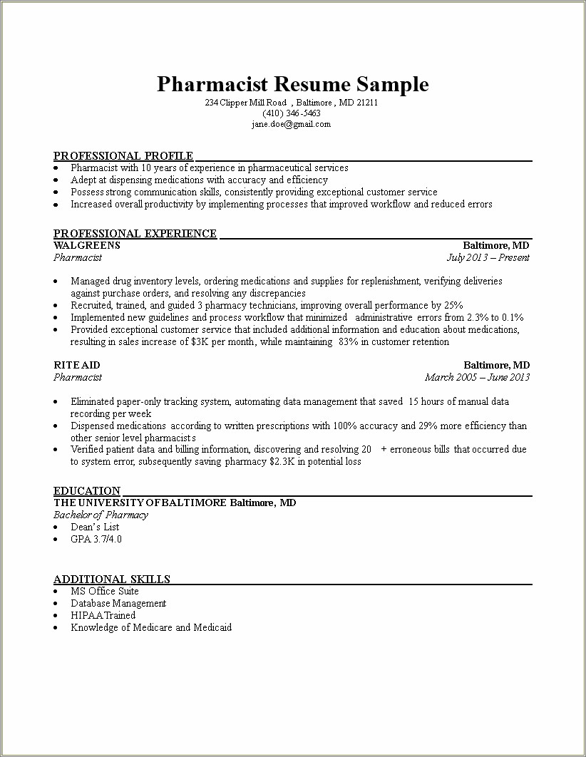 Skills Listed For A Pharmacist On A Resume