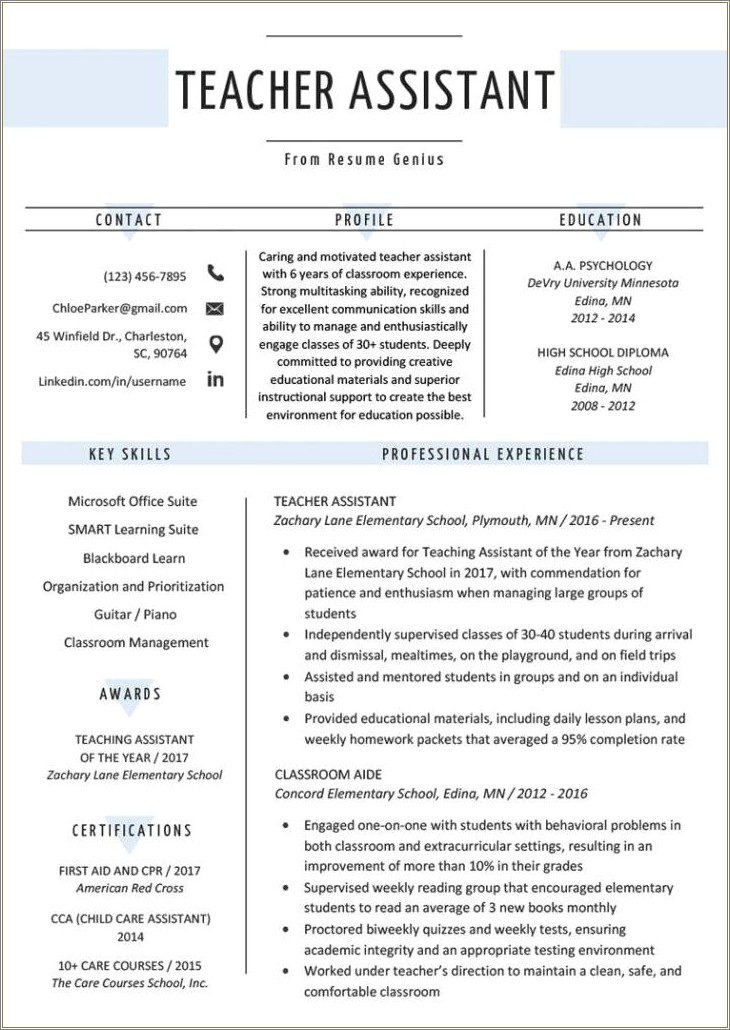 Skills Listed For Teacher Aide Resume