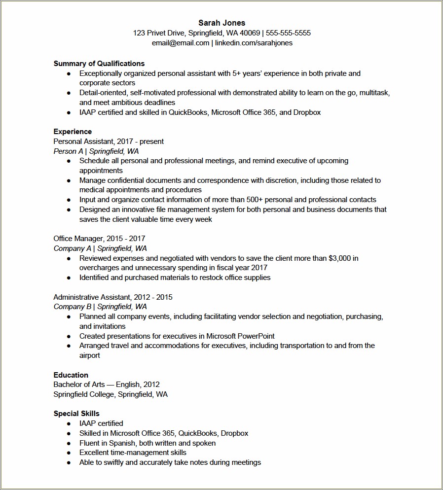 Skills Listed On Family Assistant Resume