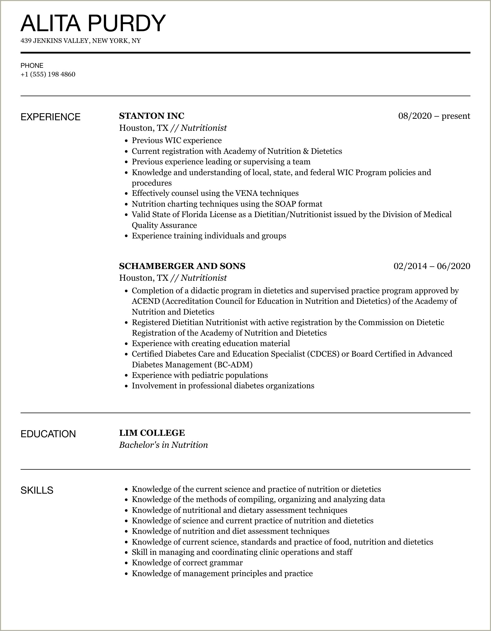 Skills Needed By A Nutritionist Resume