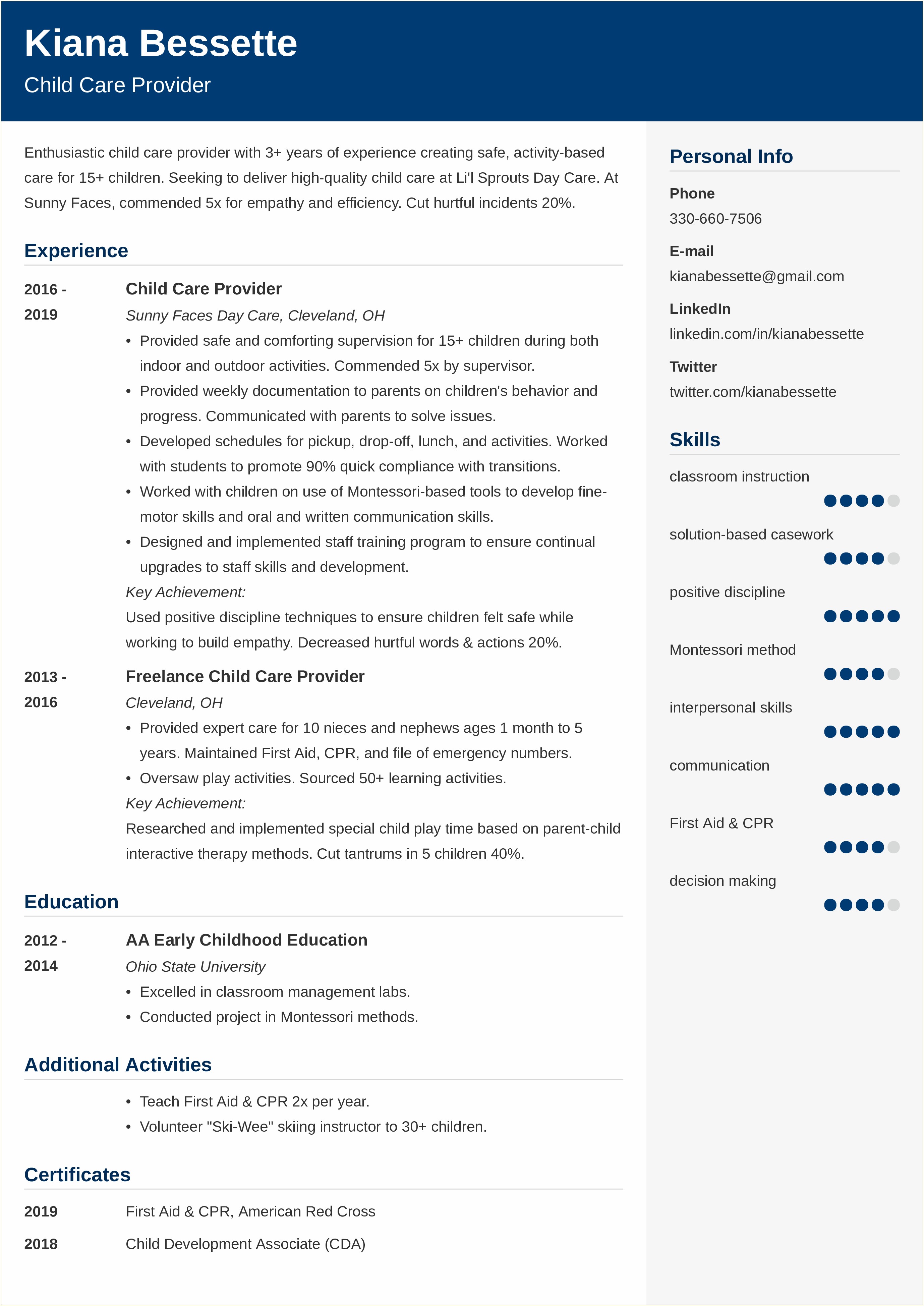 Skills Of A Child Care Provider In Resume