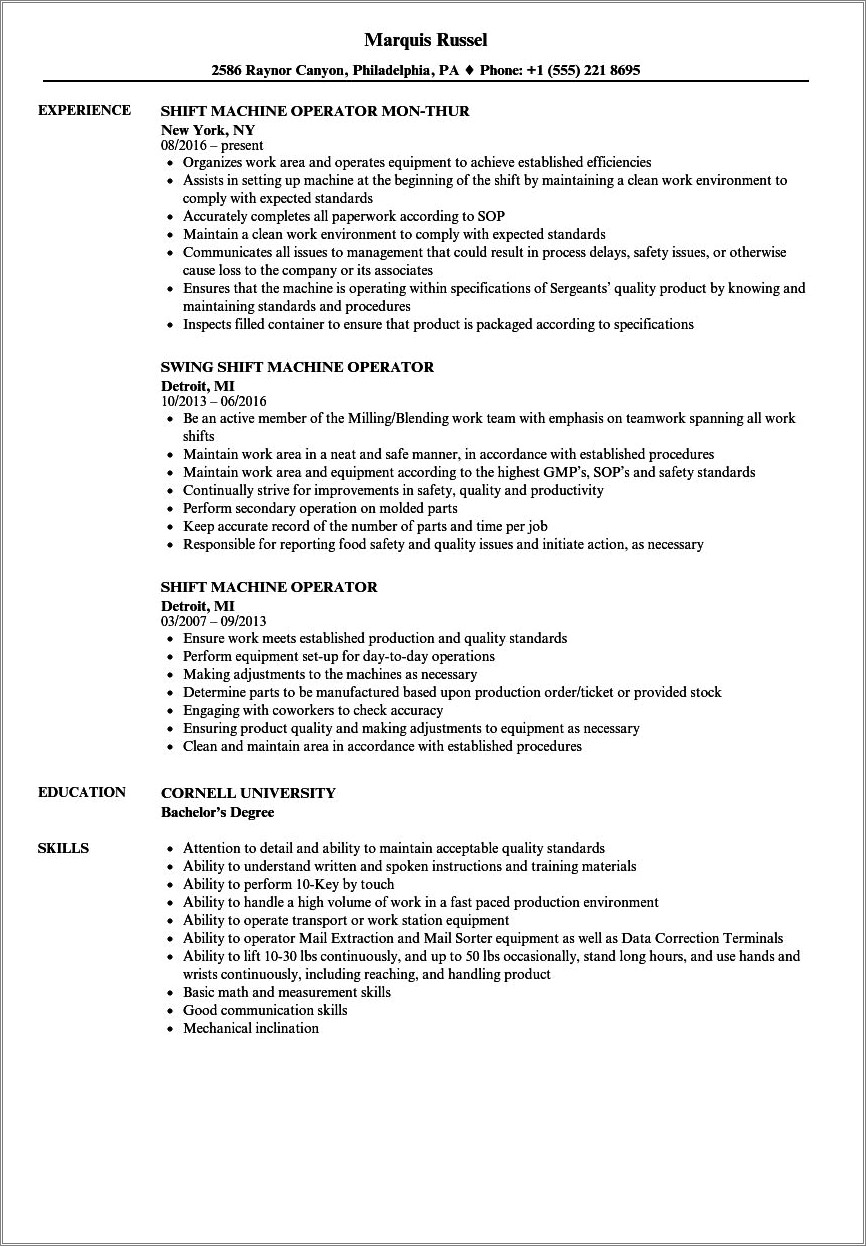 Skills Of A Machine Operator For Resume