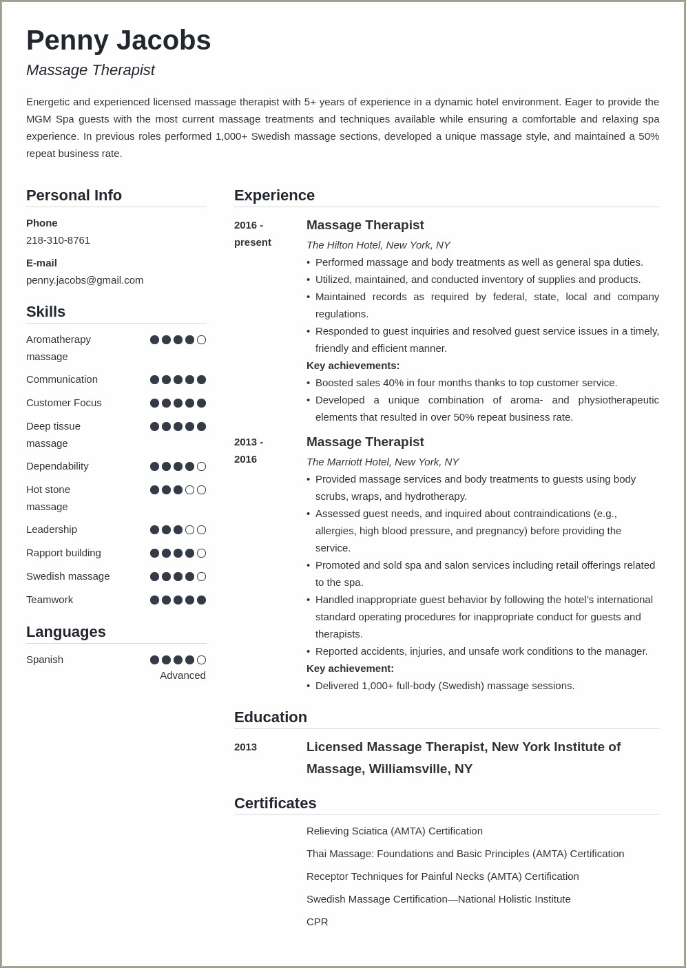 Skills Of A Massage Therapist Resume