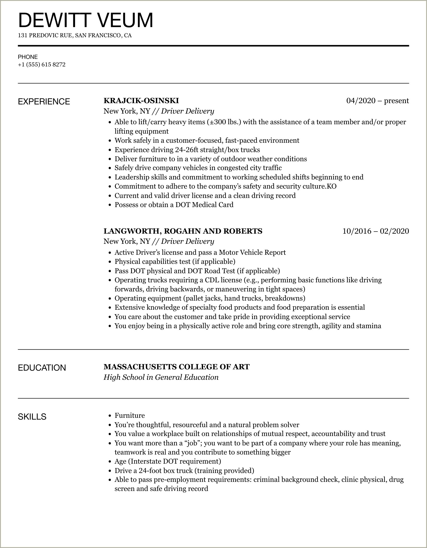 Skills Of A Pizza Delivery Driver On Resume