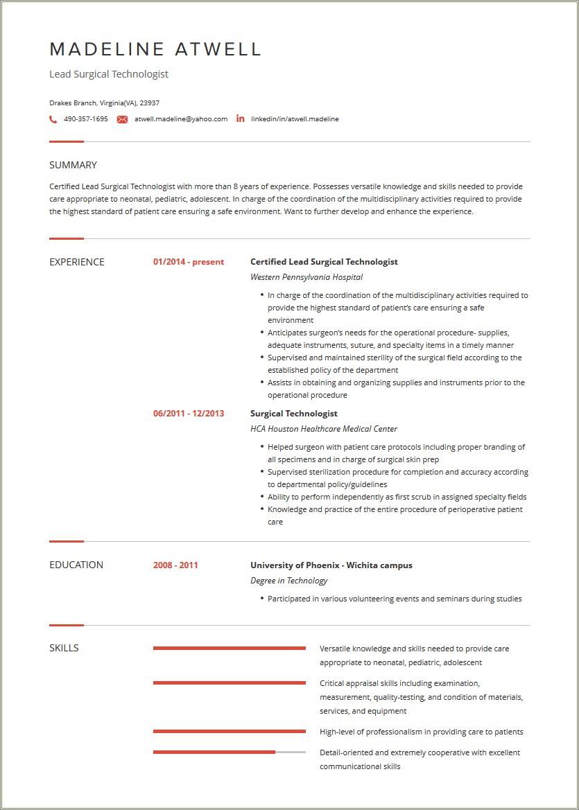 Skills Of A Surgical Technologist Resume