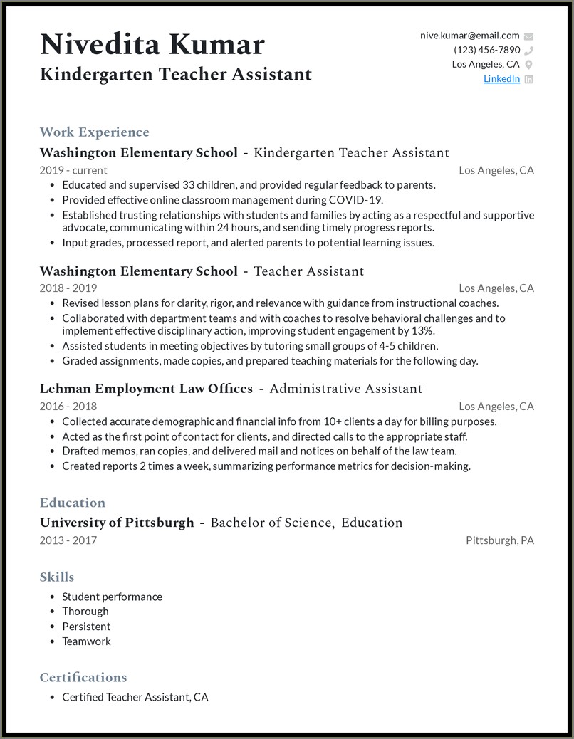 Skills Of A Teacher Assistant Resume