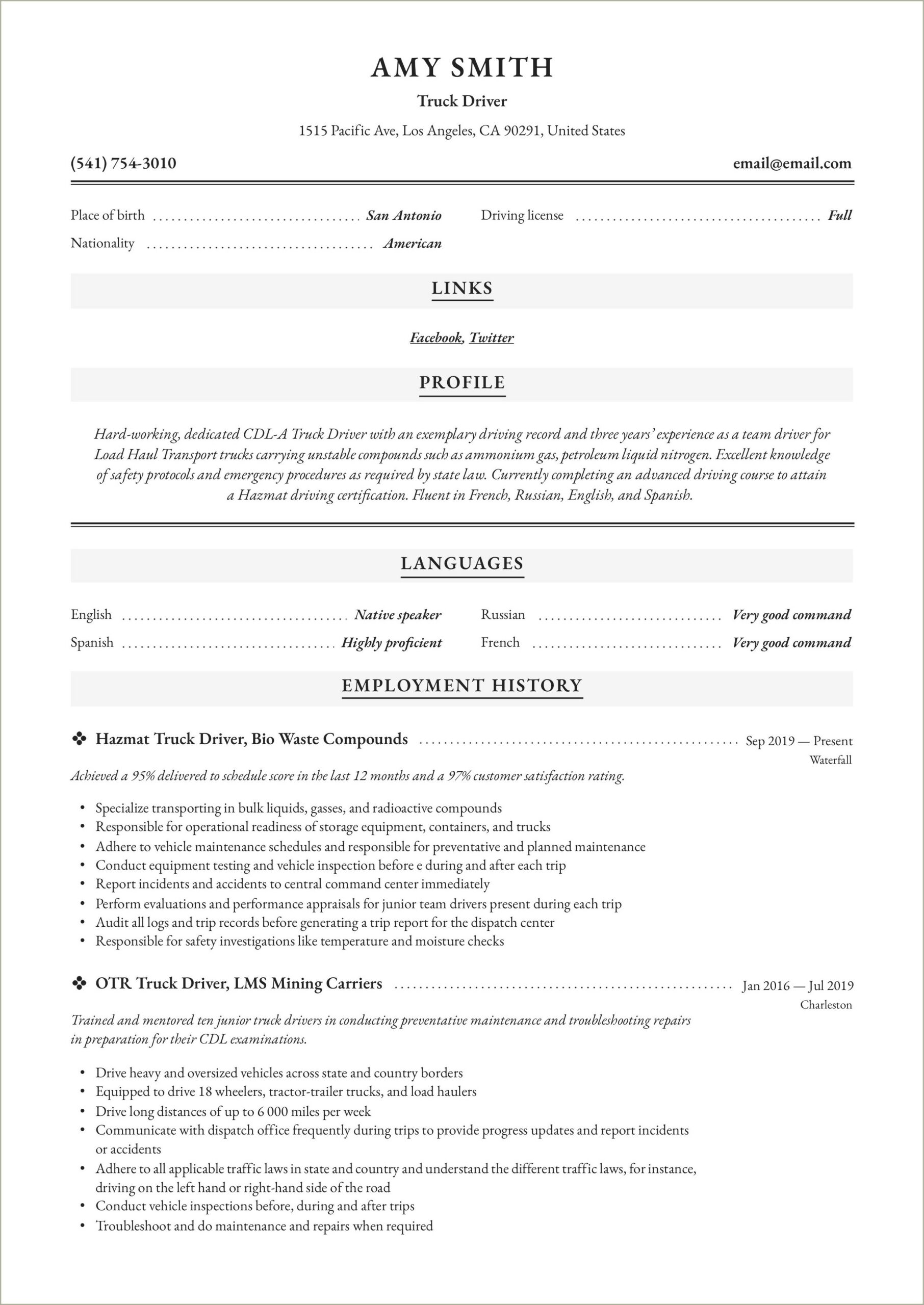 Skills Of A Truck Driver For Resume