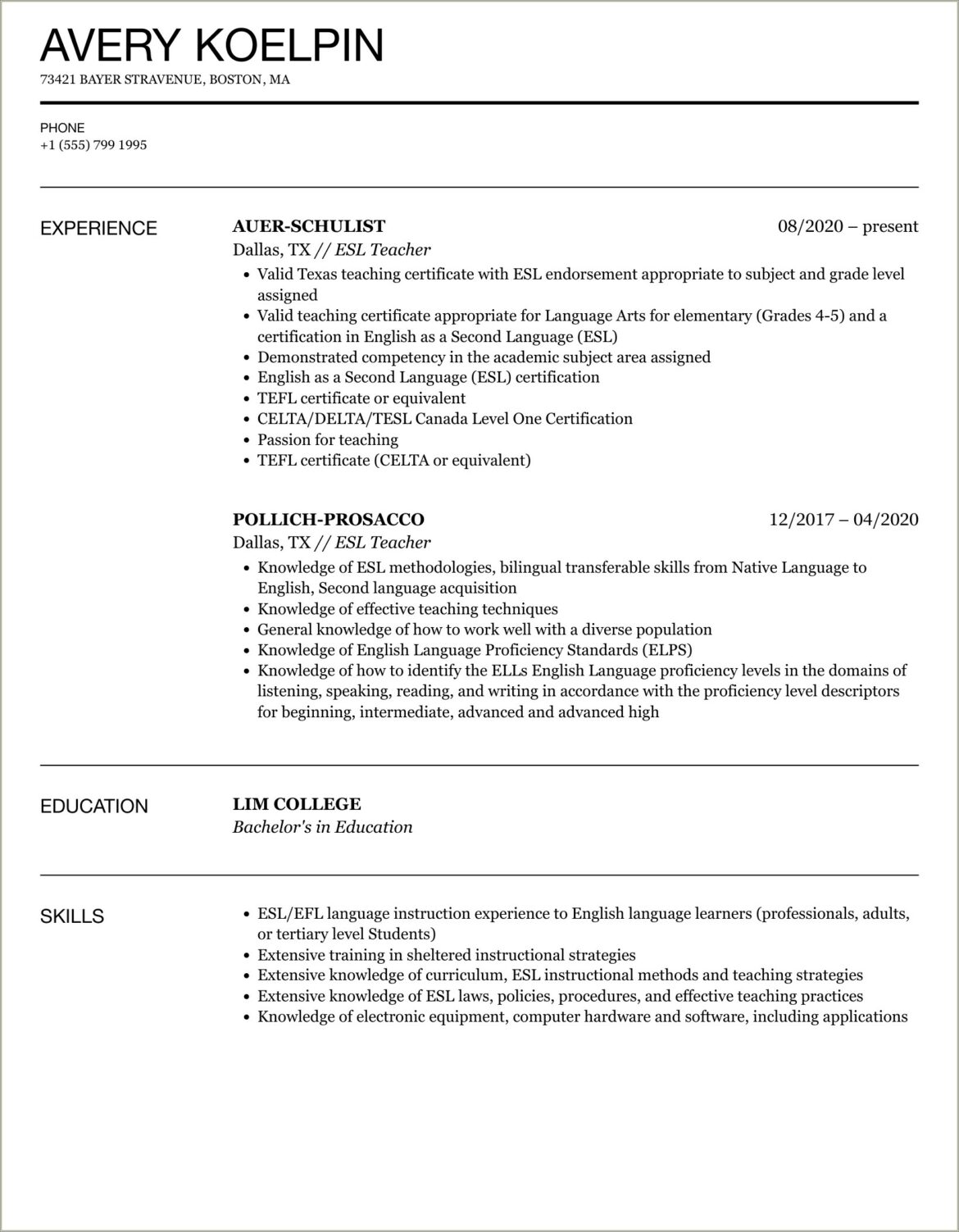 Skills Of An English Teacher Resume