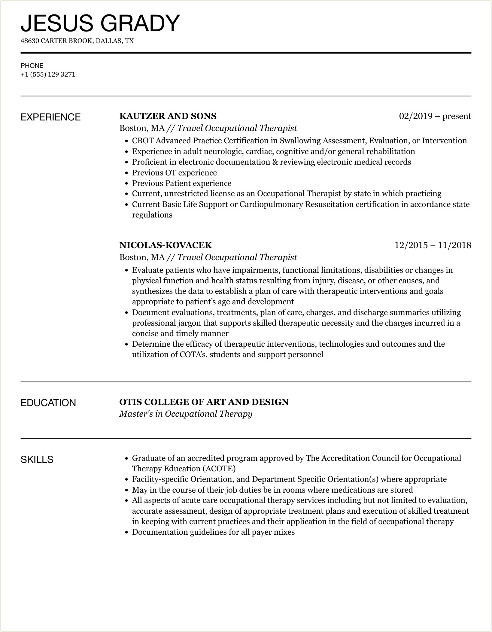 Skills Of An Occupational Therapist Resume