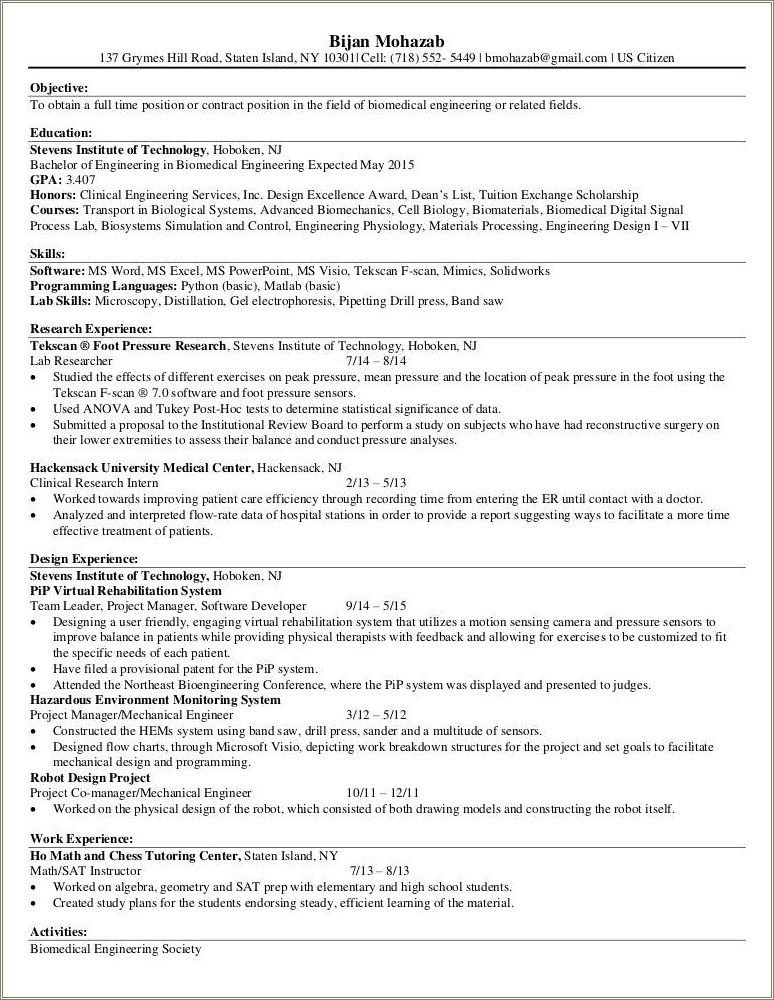 Skills Of Biomedical Engineer For Resume