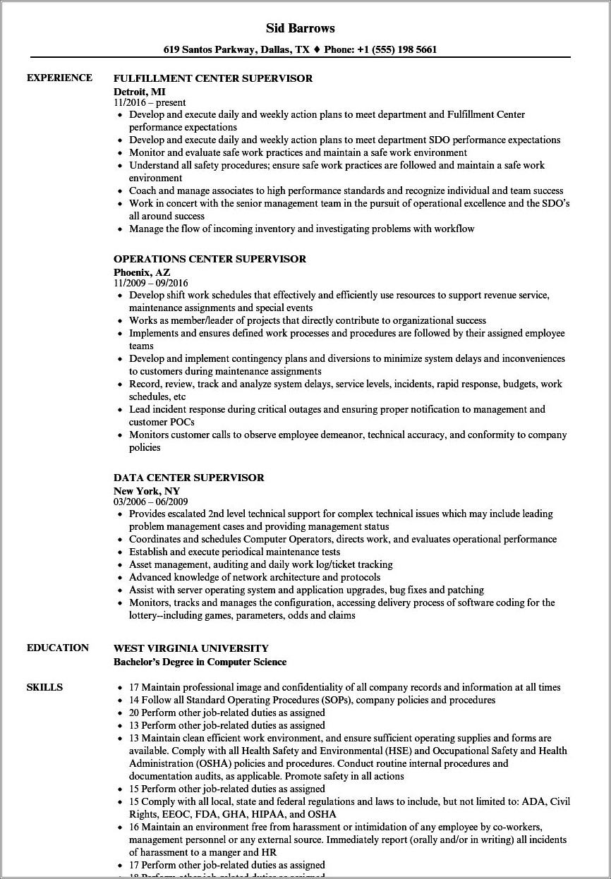 Skills Of Call Center Supervisor Resume