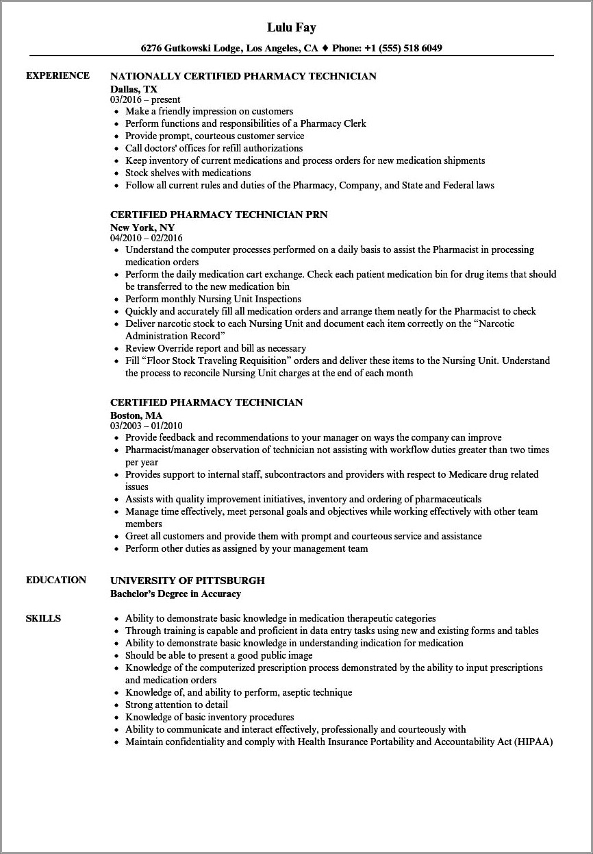 Skills Of Pharmacy Technician For Resume